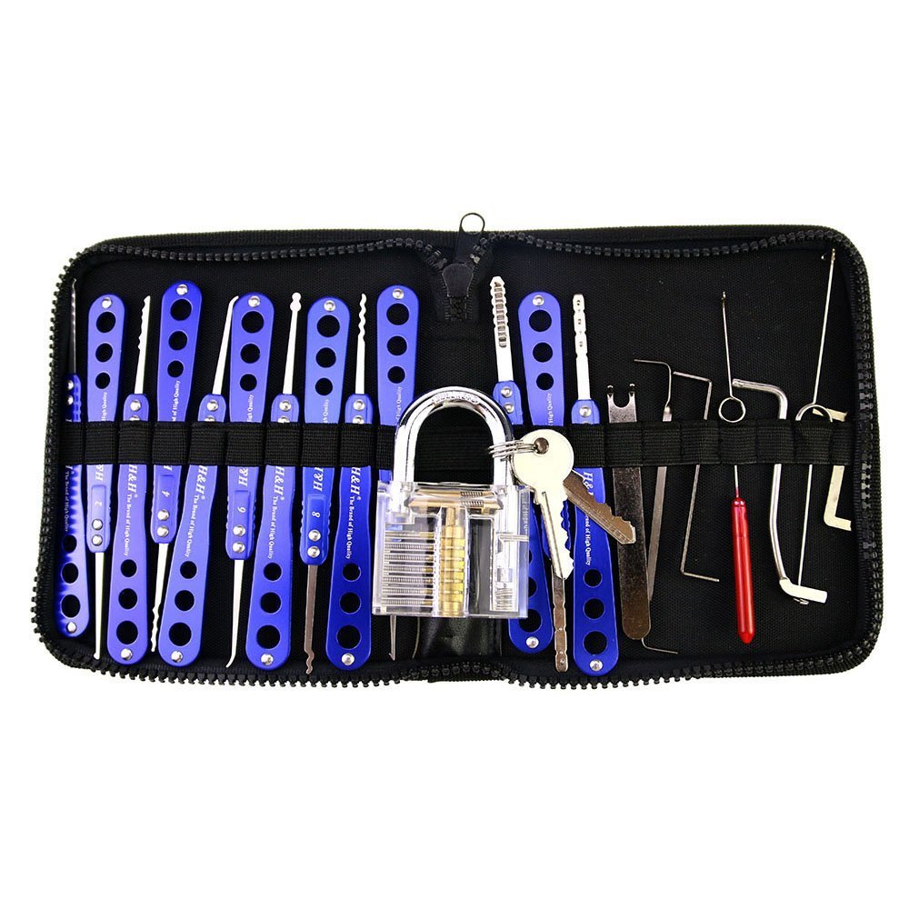 H&H 20 Pieces Lock Picks Set with Transparent Practice Padlock Bundle