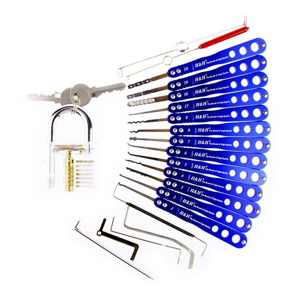 H&H 20 Pieces Lock Picks Set with Transparent Practice Padlock Bundle