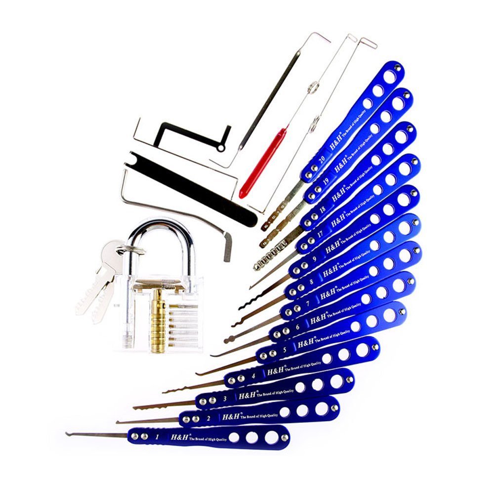 H&H 20 Pieces Lock Picks Set with Transparent Practice Padlock Bundle